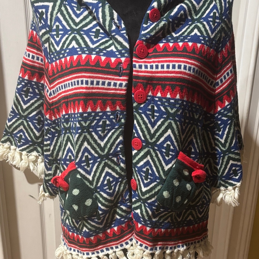 Matilda Jane Red Green Blue Geometric Fringe Jacket Cape Caroling Shawl